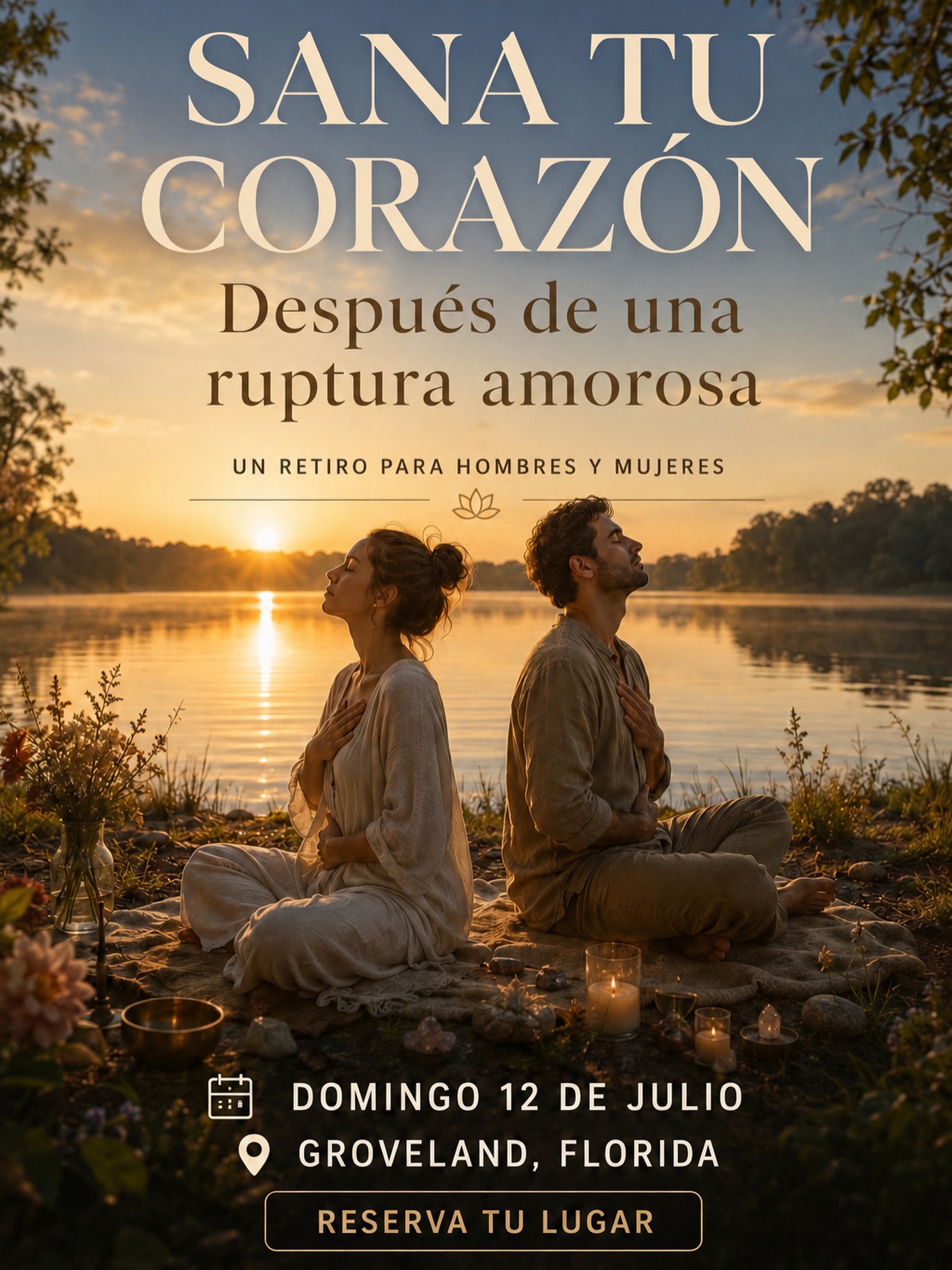 Póster oficial: Sana tu Corazón — Retiro tras una ruptura amorosa. Domingo 12 de julio, Groveland, Florida.
