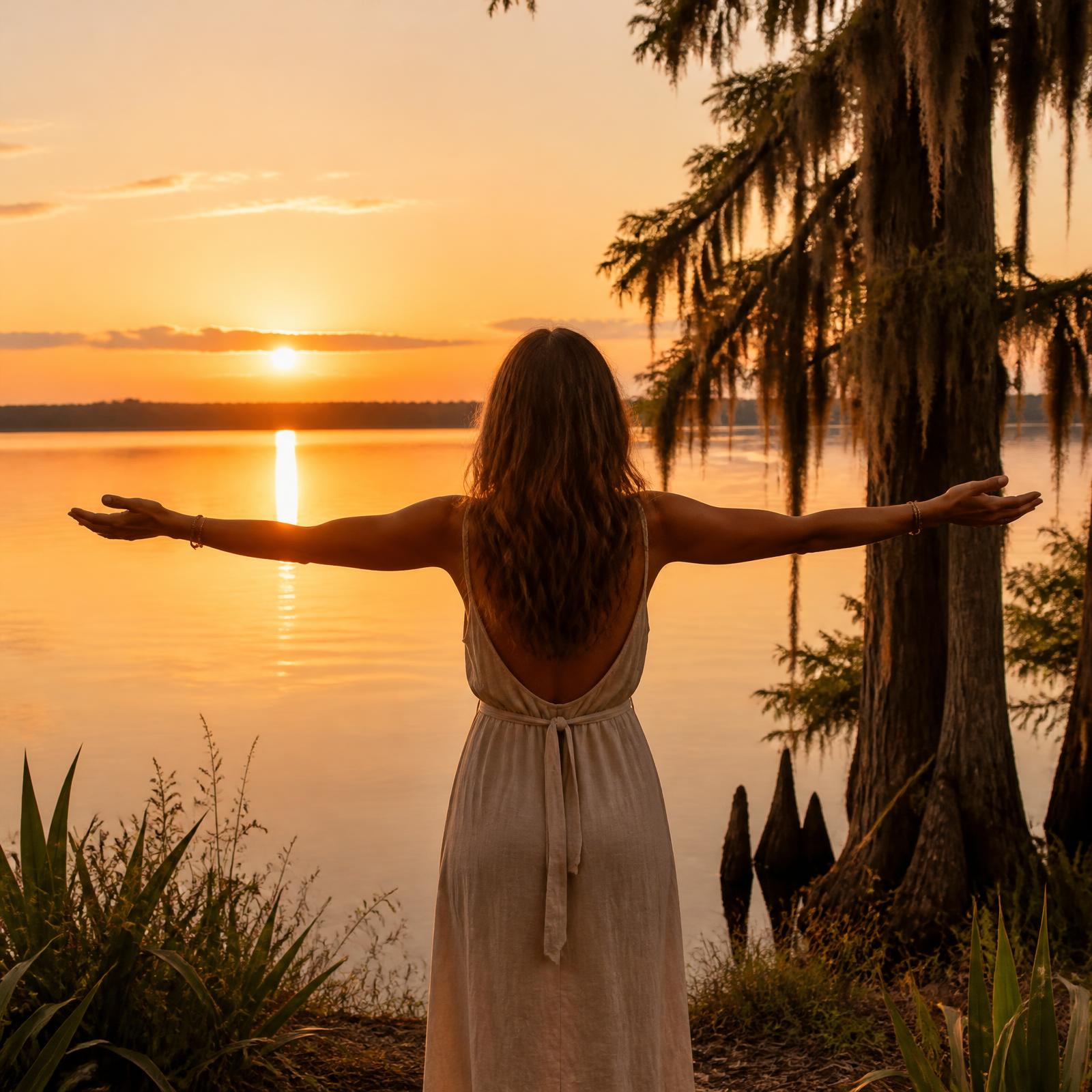 Mujer con brazos abiertos al atardecer